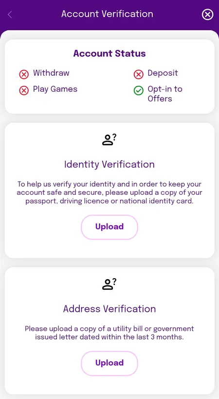 Account verification status cards in Smooth Spins