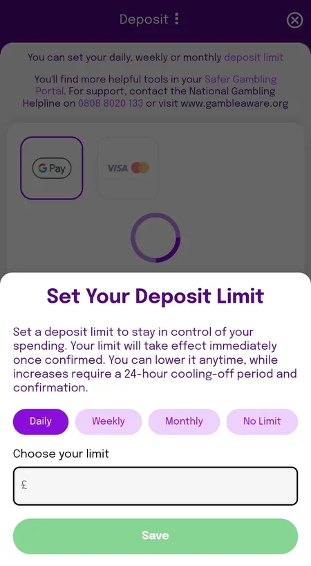 Deposit limit setup screen in Smooth Spins
