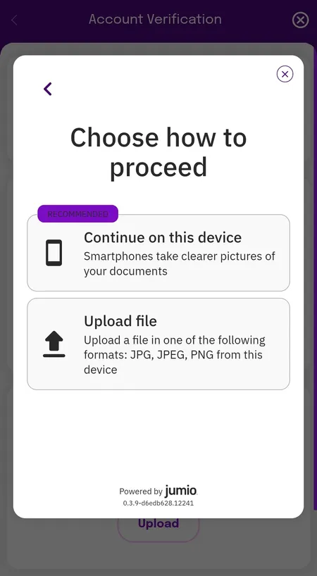 Jumio document upload screen during KYC