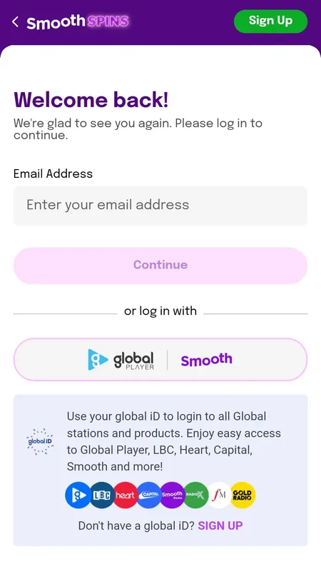 Smooth Spins login screen with Global iD option