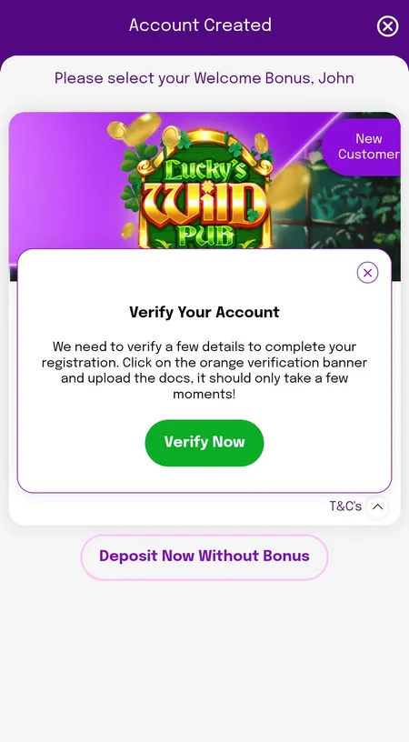 Smooth Spins post-registration screen with bonus selection and account verify prompt