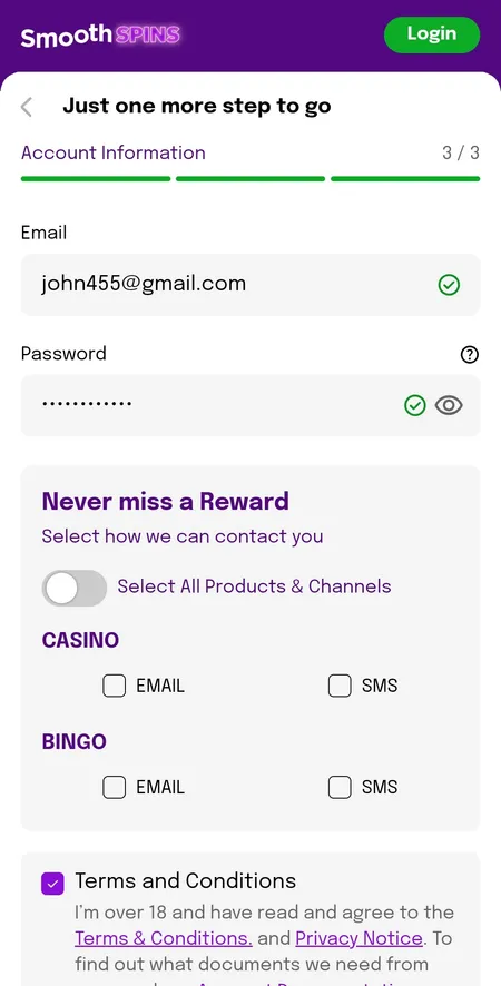 Step 3 registration - email and marketing preferences